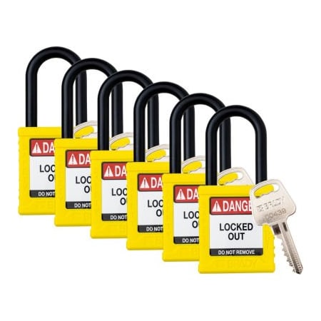 Brady Brady Safety Lockout Padlock, Keyed Different, 1-1/2in, Plastic/Nylon, Yellow, 6/PK SDPL-YLW-38PL-KD6